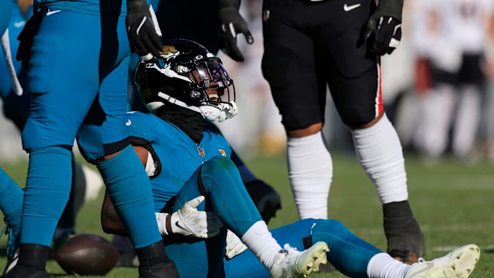 Jacksonville Jaguars safety Darnell Savage (6) laughs after being unable to pick up an interception during the third quarter of an NFL football matchup Sunday, Dec. 1, 2024 at EverBank Stadium in Jacksonville, Fla. The Texans held off the Jaguars 23-20. [Corey Perrine/Florida Times-Union]