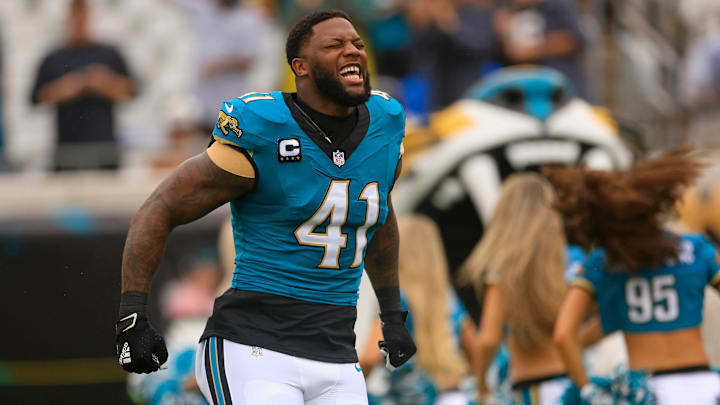 Jacksonville Jaguars defensive end Josh Hines-Allen (41) is introduced before an NFL football matchup Sunday, Oct. 6, 2024 at EverBank Stadium in Jacksonville, Fla. The Jaguars edged the Colts on a field goal 37-34. [Corey Perrine/Florida Times-Union]