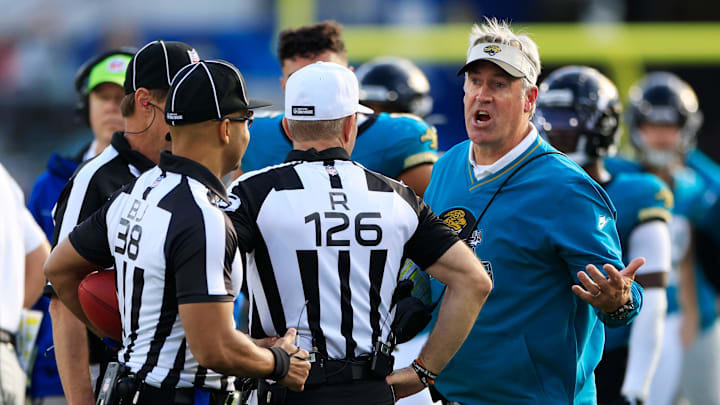 Jacksonville Jaguars head coach Doug Pederson argues with the officials on a failed two-point conversion during the fourth quarter Sunday, Dec. 15, 2024 at EverBank Stadium in Jacksonville, Fla. The Jets held off the Jaguars 32-25. [Corey Perrine/Florida Times-Union]