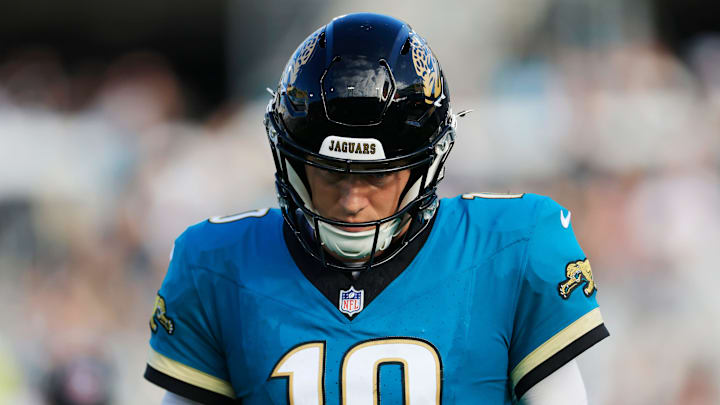 Jacksonville Jaguars quarterback Mac Jones (10) walks off the field during the fourth quarter Sunday, Dec. 15, 2024 at EverBank Stadium in Jacksonville, Fla. The Jets held off the Jaguars 32-25. [Corey Perrine/Florida Times-Union]