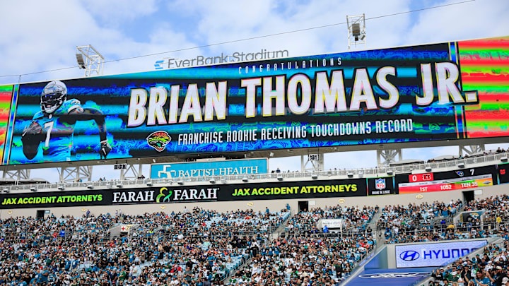 Jacksonville Jaguars wide receiver Brian Thomas Jr. (7) breaks the franchise rookie record for receiving touchdowns during the first quarter Sunday, Dec. 15, 2024 at EverBank Stadium in Jacksonville, Fla. The Jets held off the Jaguars 32-25. [Corey Perrine/Florida Times-Union]