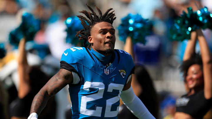 Jacksonville Jaguars cornerback Jarrian Jones (22) is introduced before an NFL football matchup Sunday, Oct. 27, 2024 at EverBank Stadium in Jacksonville, Fla. The Packers edged the Jaguars 30-27 on a last-second field goal. [Corey Perrine/Florida Times-Union]