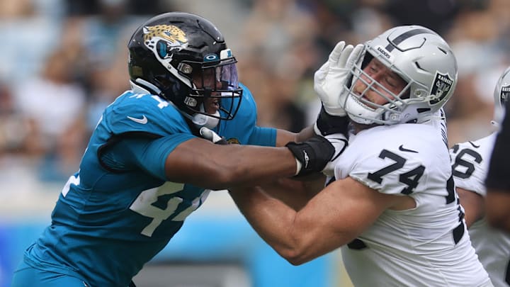 Jacksonville Jaguars linebacker Travon Walker (44) pressures Las Vegas Raiders offensive tackle Kolton Miller (74) during the first quarter of a regular season NFL football matchup Sunday, Nov. 6, 2022 at TIAA Bank Field in Jacksonville. The Jacksonville Jaguars held off the Las Vegas Raiders 27-20. [Corey Perrine/Florida Times-Union]

Jki 110622 Raiders Jags Cp 49