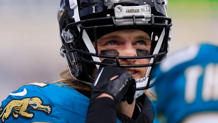 Jacksonville Jaguars safety Andrew Wingard (42) looks on during the first quarter Sunday, Dec. 15, 2024 at EverBank Stadium in Jacksonville, Fla. [Corey Perrine/Florida Times-Union]