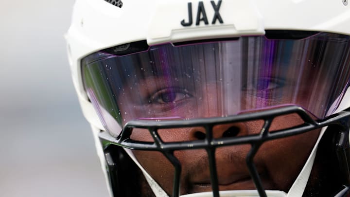 Jacksonville Jaguars offensive tackle Anton Harrison (77) looks on before an NFL football matchup Sunday, Nov. 10, 2024 at Everbank Stadium in Jacksonville, Fla. [Corey Perrine/Florida Times-Union]