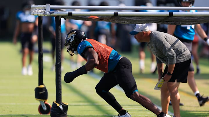 Jacksonville Jaguars linebacker Ventrell Miller (51) works on technique during a combined NFL football training camp session between the Tampa Bay Buccaneers and Jacksonville Jaguars Wednesday, Aug. 14, 2024 at EverBank Stadium’s Miller Electric Center in Jacksonville, Fla. [Corey Perrine/Florida Times-Union]