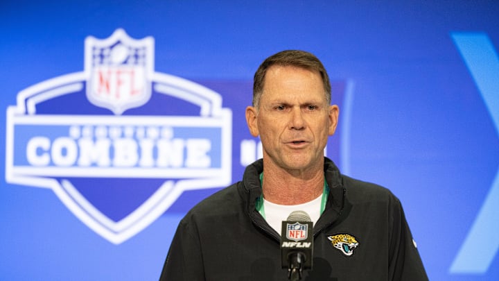 Feb 27, 2024; Indianapolis, IN, USA; Jacksonville Jaguars general manager Trent Baalke talks to the media at the 2024 NFL Combine at Indiana Convention Center. Mandatory Credit: Trevor Ruszkowski-Imagn Images Feb 27, 2024; Indianapolis, IN, USA; Jacksonville Jaguars general manager Trent Baalke talks to the media at the 2024 NFL Combine at Indiana Convention Center. Mandatory Credit: Trevor Ruszkowski-Imagn Images