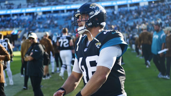 Jacksonville Jaguars long snapper Ross Matiscik (46) yells as seconds tick off the clock during the fourth quarter of an NFL football matchup Sunday, Nov. 19, 2023 at EverBank Stadium in Jacksonville, Fla. The Jacksonville Jaguars defeated the Tennessee Titans 34-14. [Corey Perrine/Florida Times-Union]