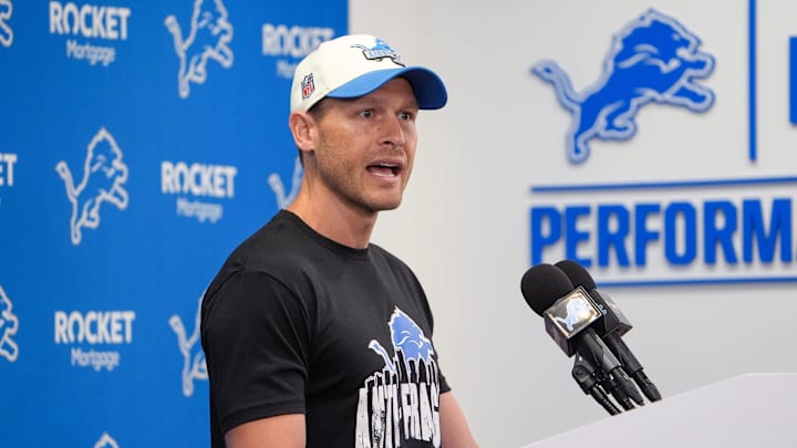 Offensive Coordinator Ben Johnson speaks to the media during the Detroit Lions training camp at the Lions headquarters in Allen Park, Mich. on Thursday, Aug. 1, 2024.