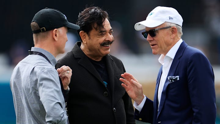 From left, Jets co-owner Christopher Johnson, Jacksonville Jaguars owner Shad Khan and Jets co-owner Woody Johnson speak before an NFL football matchup Sunday, Dec. 15, 2024 at EverBank Stadium in Jacksonville, Fla. [Corey Perrine/Florida Times-Union]