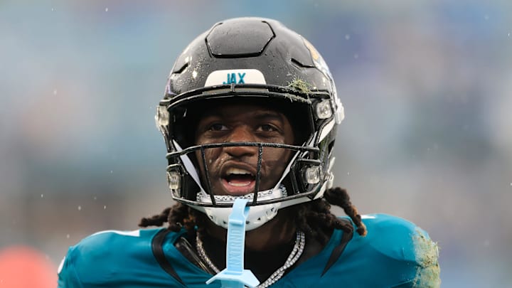 Jacksonville Jaguars wide receiver Brian Thomas Jr. (7) reacts to his first down pickup during the second quarter of an NFL football matchup Sunday, Dec. 29, 2024 at EverBank Stadium in Jacksonville, Fla. [Corey Perrine/Florida Times-Union]