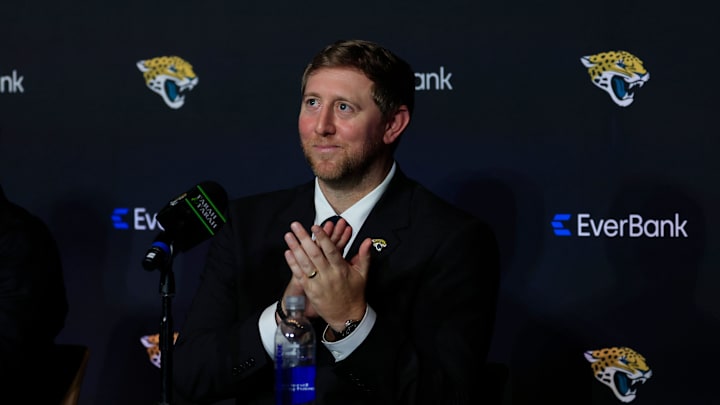 New Jacksonville Jaguars head coach Liam Coen claps after speaking and being introduced during a press conference Monday, Jan. 27, 2025 at the Miller Electric Center in Jacksonville, Fla. [Corey Perrine/Florida Times-Union]