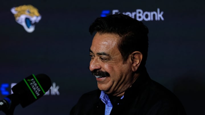 Jaguars owner Shad Khan laugs during a press conference Monday, Jan. 27, 2025 at the Miller Electric Center in Jacksonville, Fla. [Corey Perrine/Florida Times-Union]