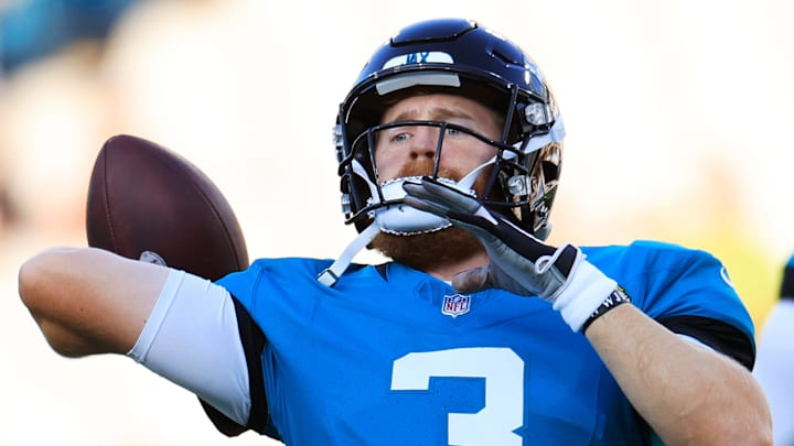 Jacksonville Jaguars quarterback C.J. Beathard (3) warms up before a preseason NFL football game Saturday, Aug. 17, 2024 at EverBank Stadium in Jacksonville, Fla. [Corey Perrine/Florida Times-Union]