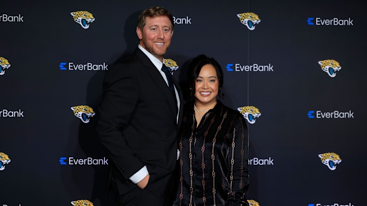 New Jacksonville Jaguars head coach Liam Coen poses for a photo with wife Ashley Coen after speaking and being introduced during a press conference Monday, Jan. 27, 2025 at the Miller Electric Center in Jacksonville, Fla. [Corey Perrine/Florida Times-Union]
