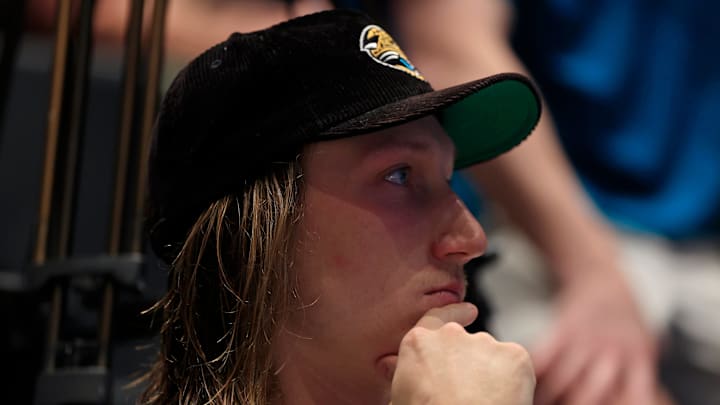 Jacksonville Jaguars quarterback Trevor Lawrence listens to Liam Coen speak during a press conference Monday, Jan. 27, 2025 at the Miller Electric Center in Jacksonville, Fla. [Corey Perrine/Florida Times-Union]