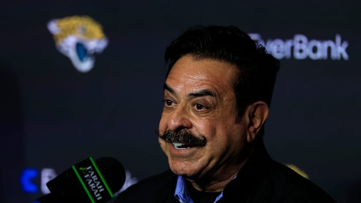 Jacksonville Jaguars owner Shad Khan fields questions after introducing Liam Coen as the new head coach during a press conference Monday, Jan. 27, 2025 at the Miller Electric Center in Jacksonville, Fla. [Corey Perrine/Florida Times-Union]
