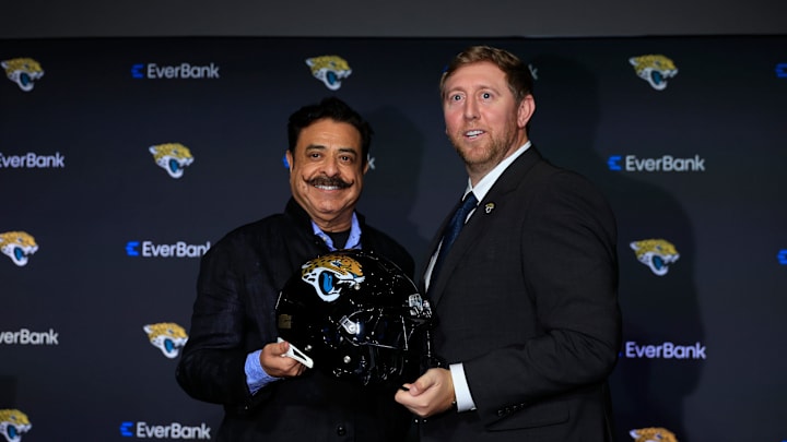 Jaguars owner Shad Khan, left, poses for a photo with new Jacksonville Jaguars head coach Liam Coen during a press conference Monday, Jan. 27, 2025 at the Miller Electric Center in Jacksonville, Fla. [Corey Perrine/Florida Times-Union]