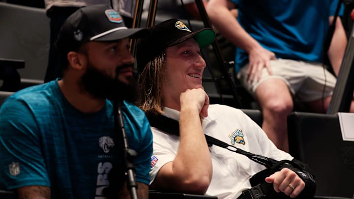 Jacksonville Jaguars quarterback Trevor Lawrence listens to Liam Coen, not shown, speak after being introduced as the new head coach during a press conference Monday, Jan. 27, 2025 at the Miller Electric Center in Jacksonville, Fla. [Corey Perrine/Florida Times-Union]