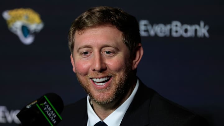 Liam Coen answers media questions after speaking and being introduced as the new Jacksonville Jaguars head coach during a press conference Monday, Jan. 27, 2025 at the Miller Electric Center in Jacksonville, Fla. [Corey Perrine/Florida Times-Union]