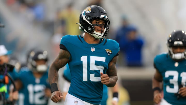 Jacksonville Jaguars wide receiver Tim Jones (15) runs on the field before an NFL football matchup Sunday, Dec. 29, 2024 at EverBank Stadium in Jacksonville, Fla. The Jaguars held off the Titans 20-13. [Corey Perrine/Florida Times-Union]