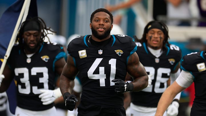 Jacksonville Jaguars defensive end Josh Hines-Allen (41) runs on the field before the game of an NFL football matchup Sunday, Nov. 10, 2024 at Everbank Stadium in Jacksonville, Fla. The Vikings defeated the Jaguars 12-7. [Corey Perrine/Florida Times-Union]