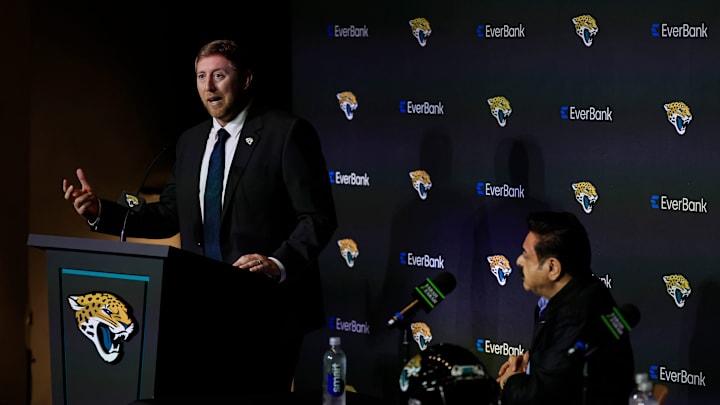 New Jacksonville Jaguars head coach Liam Coen speaks as Jaguars owner Shad Khan looks on during a press conference Monday, Jan. 27, 2025 at the Miller Electric Center in Jacksonville, Fla. [Corey Perrine/Florida Times-Union]