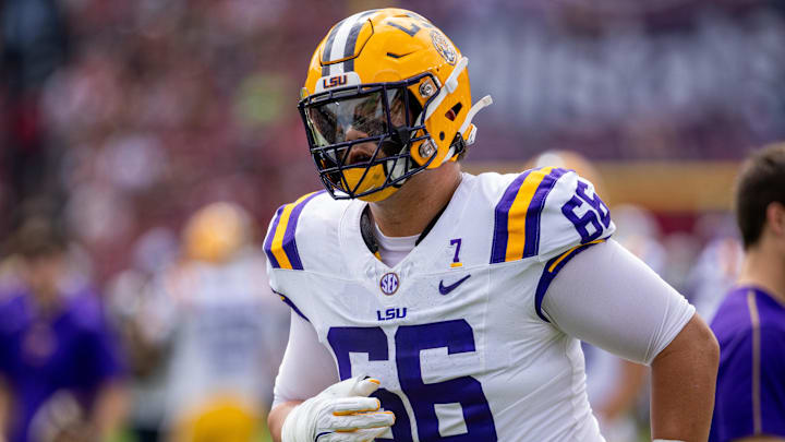 Sep 14, 2024; Columbia, South Carolina, USA; LSU Tigers offensive tackle Will Campbell (66) warms up before a game against the South Carolina Gamecocks at Williams-Brice Stadium. Mandatory Credit: Scott Kinser-Imagn Images
