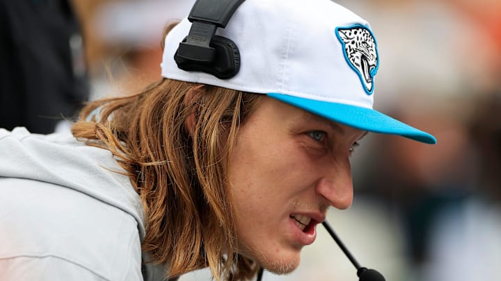 Jacksonville Jaguars quarterback Trevor Lawrence (16) talks on the sideline during the fourth quarter of an NFL football matchup Sunday, Nov. 10, 2024 at Everbank Stadium in Jacksonville, Fla. The Vikings defeated the Jaguars 12-7. [Corey Perrine/Florida Times-Union]