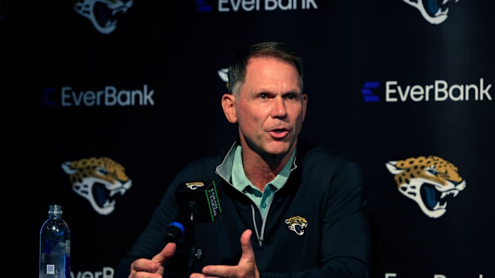 Jacksonville Jaguars general manager Trent Baalke speaks during a press conference Friday, April 26, 2024 at EverBank Stadium’s Miller Electric Center in Jacksonville, Fla. Jacksonville Jaguars selected LSU’s wide receiver Brian Thomas Jr. as the 23rd overall pick in last night’s NFL Draft. [Corey Perrine/Florida Times-Union]