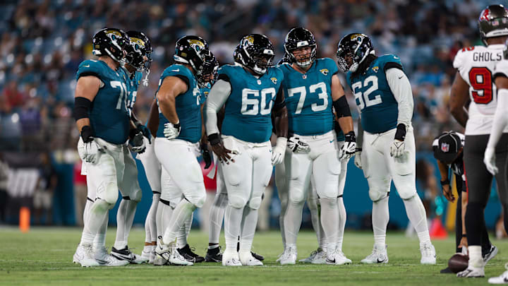 Aug 17, 2024; Jacksonville, Florida, USA; Jacksonville Jaguars center Darryl Williams (60) guard Blake Hance (73) and offensive tackle Javon Foster (62) line up against the Tampa Bay Buccaneers in the third quarter during a preseason game at EverBank Stadium. Mandatory Credit: Nathan Ray Seebeck-Imagn Images Aug 17, 2024; Jacksonville, Florida, USA; Jacksonville Jaguars center Darryl Williams (60) guard Blake Hance (73) and offensive tackle Javon Foster (62) line up against the Tampa Bay Buccaneers in the third quarter during a preseason game at EverBank Stadium. Mandatory Credit: Nathan Ray Seebeck-Imagn Images