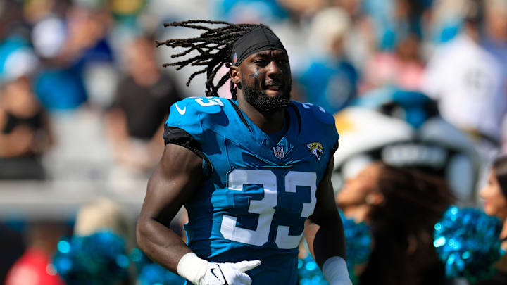 Jacksonville Jaguars linebacker Devin Lloyd (33) is introduced before an NFL football matchup Sunday, Oct. 27, 2024 at EverBank Stadium in Jacksonville, Fla. The Packers edged the Jaguars 30-27 on a last-second field goal. [Corey Perrine/Florida Times-Union]