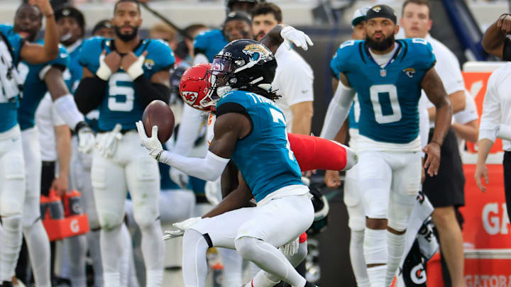 Jacksonville Jaguars wide receiver Brian Thomas Jr. (7) hauls in a reception against Kansas City Chiefs cornerback Joshua Williams (2) during the first quarter of a preseason NFL football game Saturday, Aug. 10, 2024 at EverBank Stadium in Jacksonville, Fla. [Corey Perrine/Florida Times-Union]