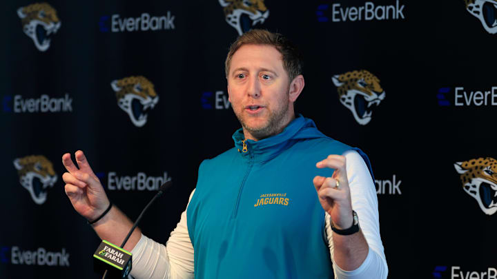Jacksonville Jaguars head coach Liam Coen speaks during a press conference at Miller Electric Center Wednesday, April 9, 2025 in Jacksonville, Fla. [Corey Perrine/Florida Times-Union]