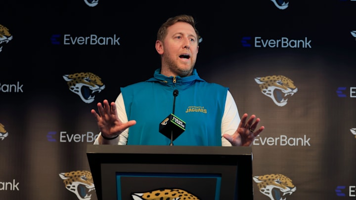 Jacksonville Jaguars head coach Liam Coen speaks during a press conference at Miller Electric Center Wednesday, April 9, 2025 in Jacksonville, Fla. [Corey Perrine/Florida Times-Union]