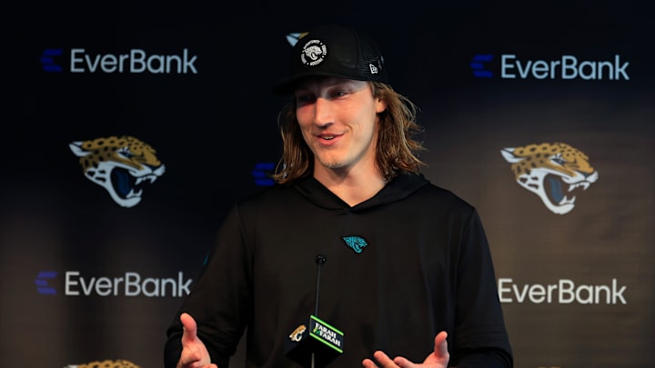 Jacksonville Jaguars quarterback Trevor Lawrence (16) speaks during a press conference at Miller Electric Center Wednesday, April 9, 2025 in Jacksonville, Fla. [Corey Perrine/Florida Times-Union]