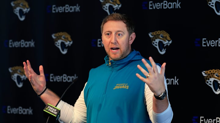 Jacksonville Jaguars head coach Liam Coen speaks during a press conference at Miller Electric Center Wednesday, April 9, 2025 in Jacksonville, Fla. [Corey Perrine/Florida Times-Union]