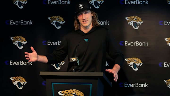 Jacksonville Jaguars quarterback Trevor Lawrence (16) speaks during a press conference at Miller Electric Center Wednesday, April 9, 2025 in Jacksonville, Fla. [Corey Perrine/Florida Times-Union]