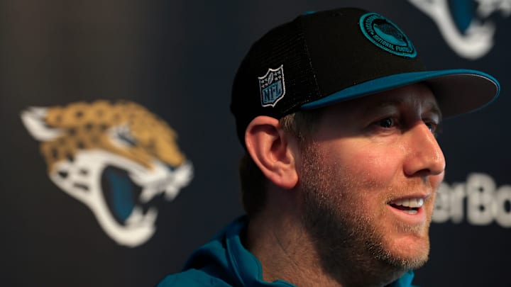 Jacksonville Jaguars head coach Liam Coen speaks during a press conference at Miller Electric Center Tuesday, April 15, 2025 in Jacksonville, Fla. [Corey Perrine/Florida Times-Union]
