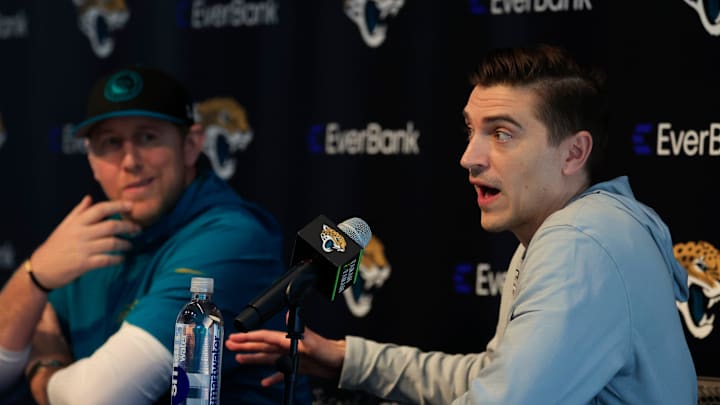 Jacksonville Jaguars general manager James Gladstone, right, speaks next to head coach Liam Coen during a press conference at Miller Electric Center Tuesday, April 15, 2025 in Jacksonville, Fla. [Corey Perrine/Florida Times-Union]