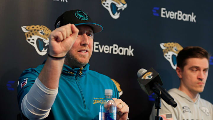Jacksonville Jaguars head coach Liam Coen, left, speaks next to general manager James Gladstone during a press conference at Miller Electric Center Tuesday, April 15, 2025 in Jacksonville, Fla. [Corey Perrine/Florida Times-Union]