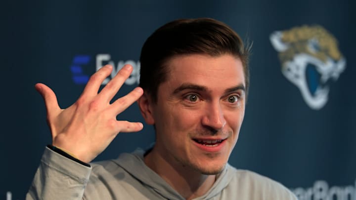 Jacksonville Jaguars general manager James Gladstone speaks during a press conference at Miller Electric Center Tuesday, April 15, 2025 in Jacksonville, Fla. [Corey Perrine/Florida Times-Union]