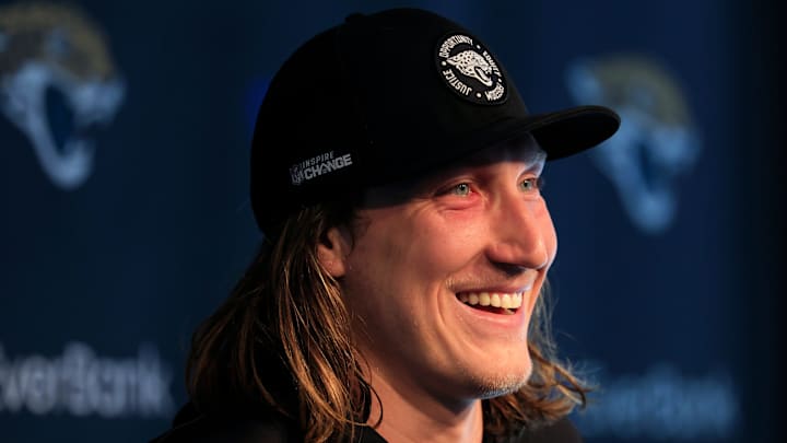 Jacksonville Jaguars quarterback Trevor Lawrence (16) speaks during a press conference at Miller Electric Center Wednesday, April 9, 2025 in Jacksonville, Fla. [Corey Perrine/Florida Times-Union]