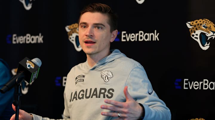 Jacksonville Jaguars general manager James Gladstone speaks during a press conference at Miller Electric Center Tuesday, April 15, 2025 in Jacksonville, Fla. [Corey Perrine/Florida Times-Union]