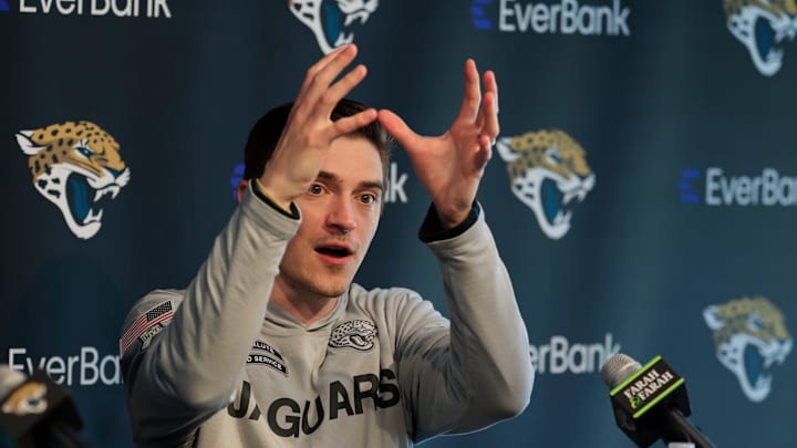 Jacksonville Jaguars general manager James Gladstone speaks during a press conference at Miller Electric Center Tuesday, April 15, 2025 in Jacksonville, Fla. [Corey Perrine/Florida Times-Union]