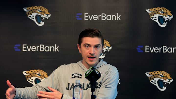 Jacksonville Jaguars general manager James Gladstone speaks during a press conference at Miller Electric Center Tuesday, April 15, 2025 in Jacksonville, Fla. [Corey Perrine/Florida Times-Union]