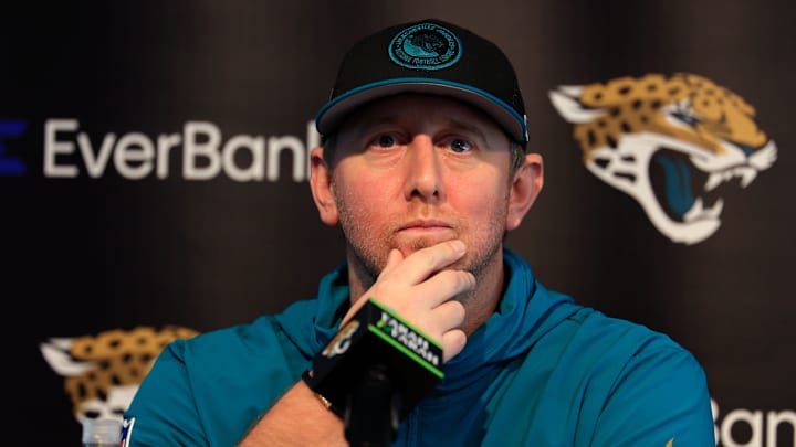 Jacksonville Jaguars head coach Liam Coen listens to quations from the media during a press conference at Miller Electric Center Tuesday, April 15, 2025 in Jacksonville, Fla. [Corey Perrine/Florida Times-Union]