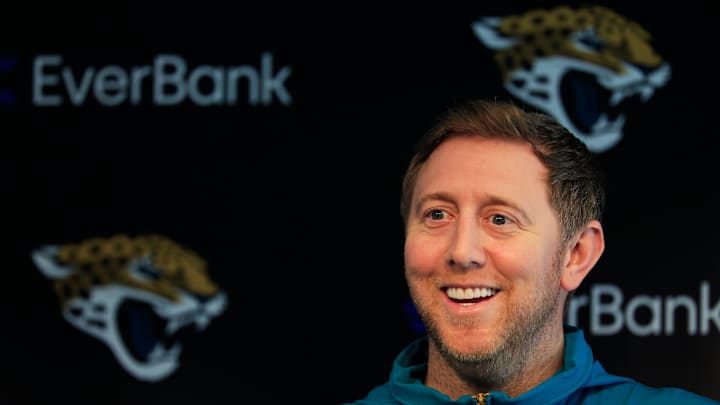 Jacksonville Jaguars head coach Liam Coen speaks during a press conference at Miller Electric Center Wednesday, April 9, 2025 in Jacksonville, Fla. [Corey Perrine/Florida Times-Union]