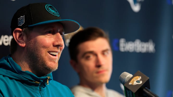 Jacksonville Jaguars head coach Liam Coen, left, speaks next to general manager James Gladstone during a press conference at Miller Electric Center Tuesday, April 15, 2025 in Jacksonville, Fla. [Corey Perrine/Florida Times-Union]