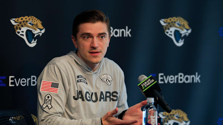 Jacksonville Jaguars general manager James Gladstone speaks during a press conference at Miller Electric Center Tuesday, April 15, 2025 in Jacksonville, Fla. [Corey Perrine/Florida Times-Union]
